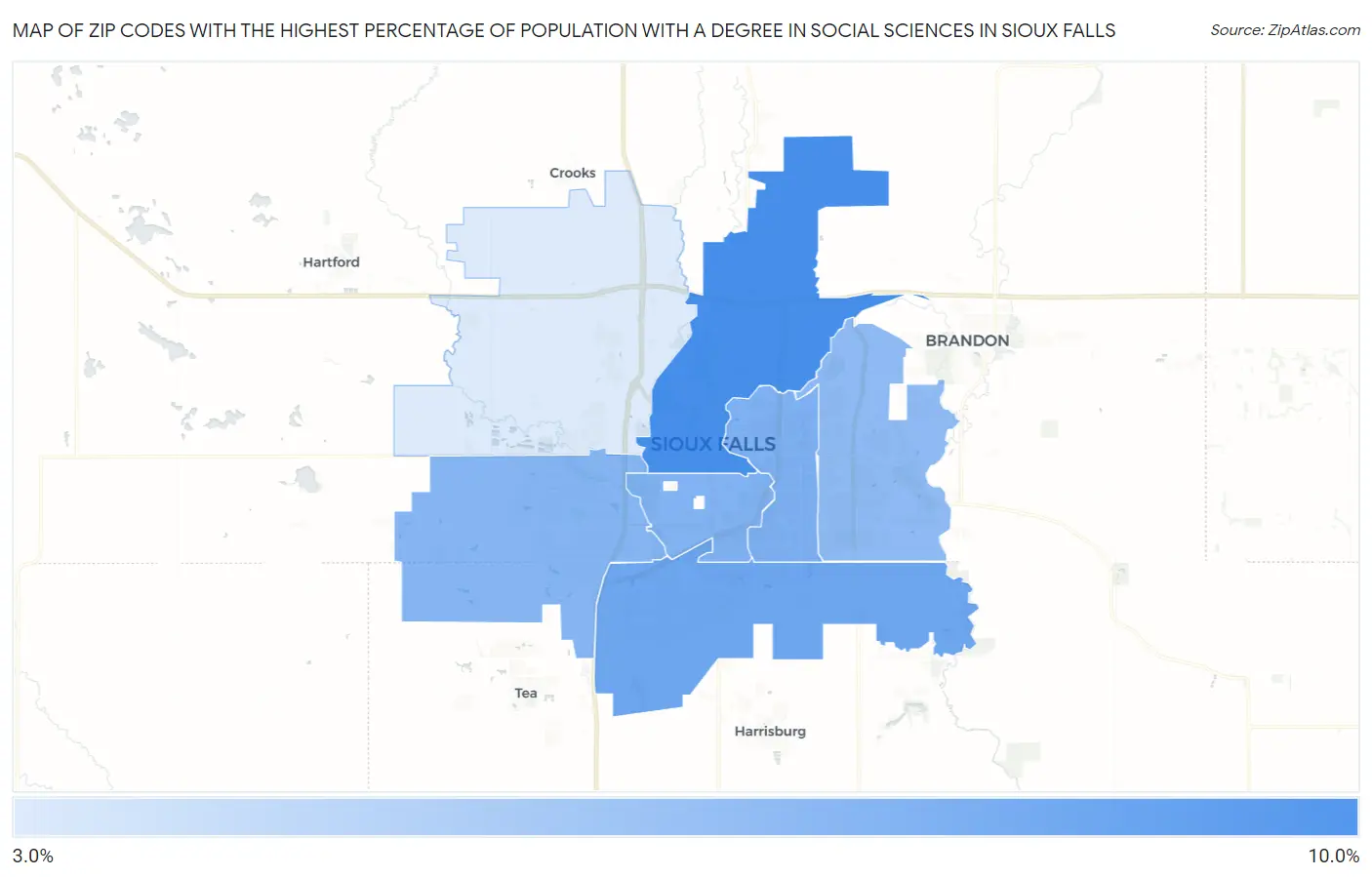 Zip Codes with the Highest Percentage of Population with a Degree in Social Sciences in Sioux Falls Map