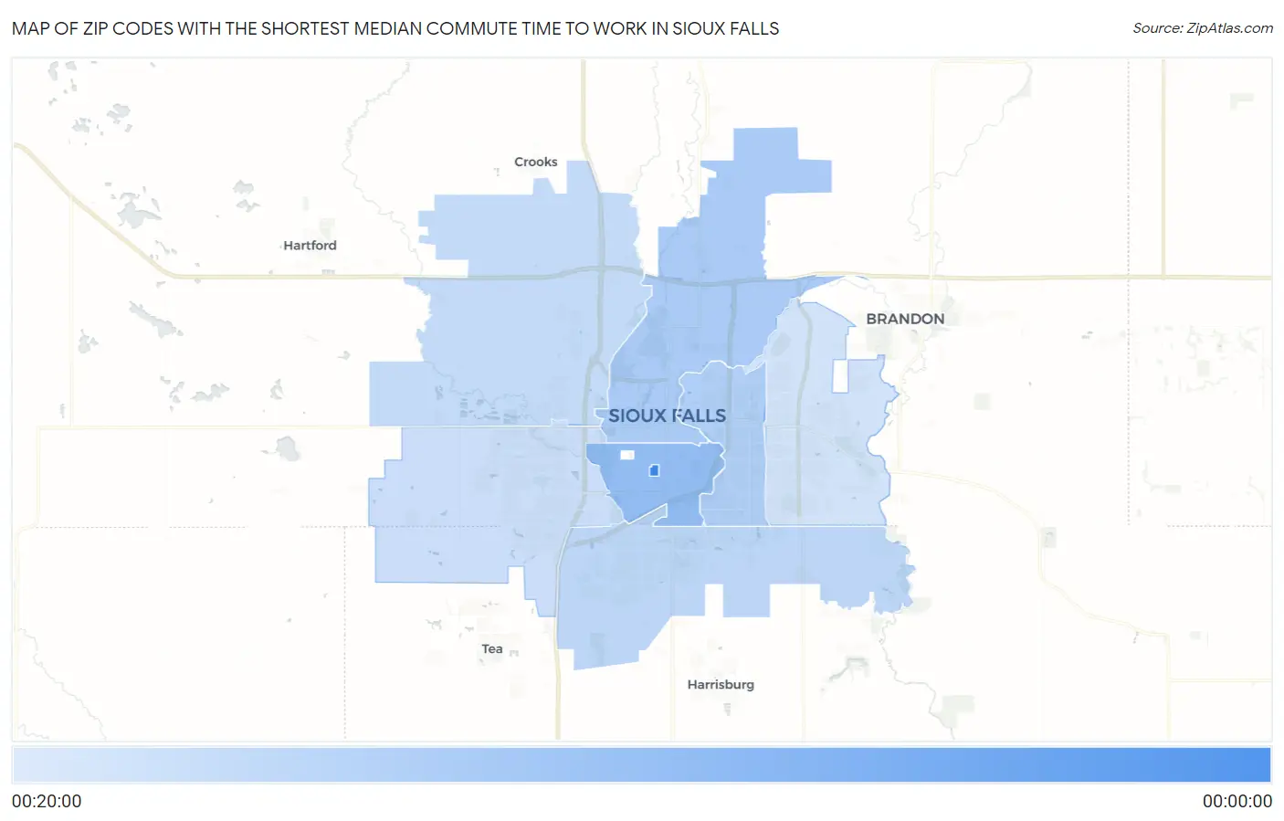 Zip Codes with the Shortest Median Commute Time to Work in Sioux Falls Map