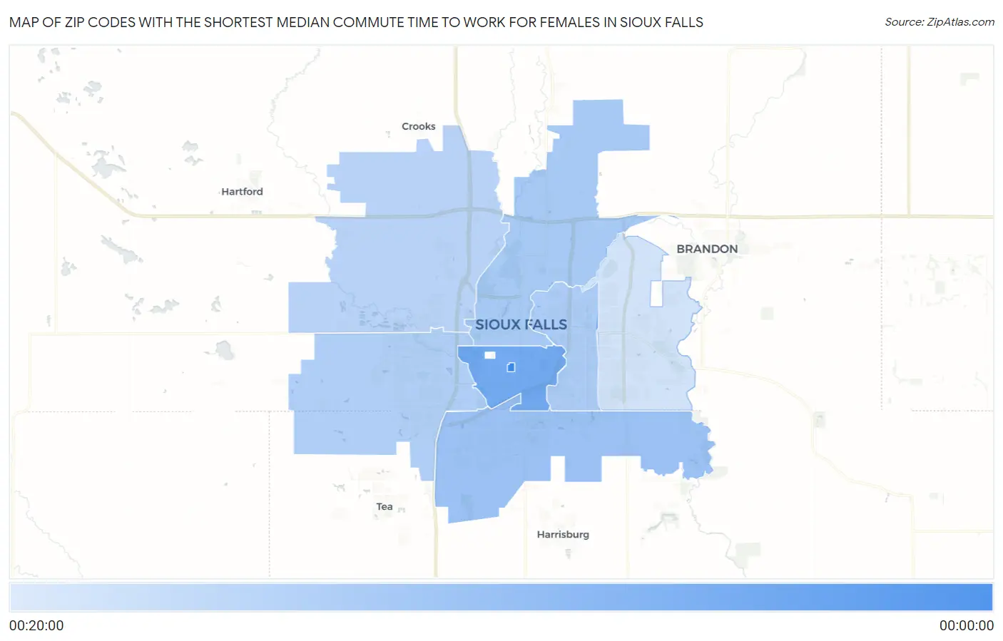Zip Codes with the Shortest Median Commute Time to Work for Females in Sioux Falls Map