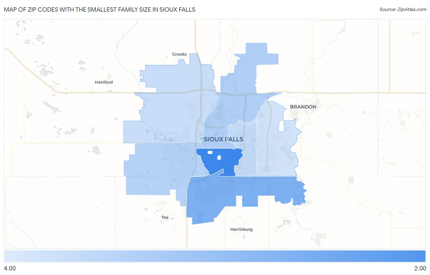Zip Codes with the Smallest Family Size in Sioux Falls Map