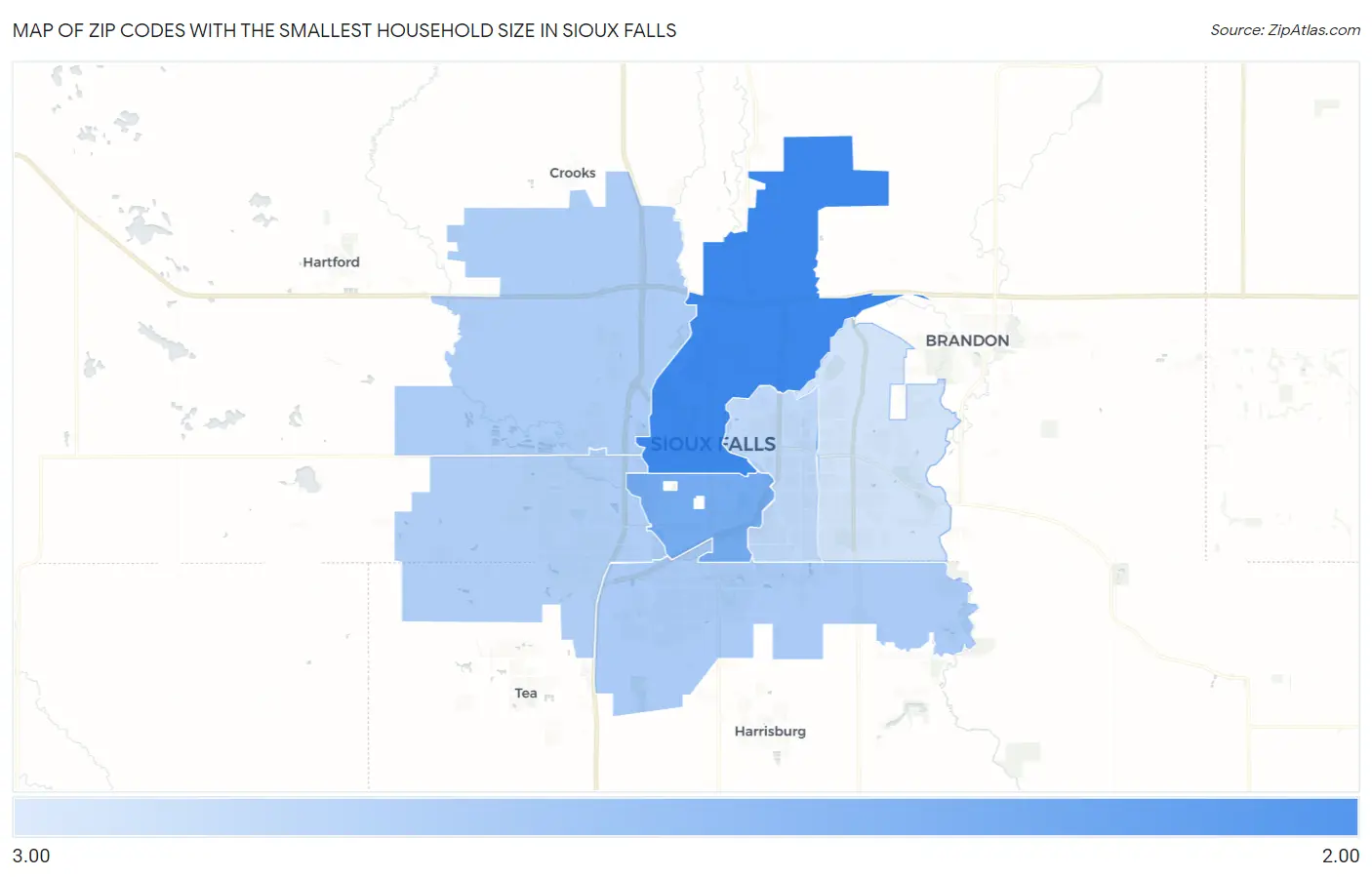 Zip Codes with the Smallest Household Size in Sioux Falls Map