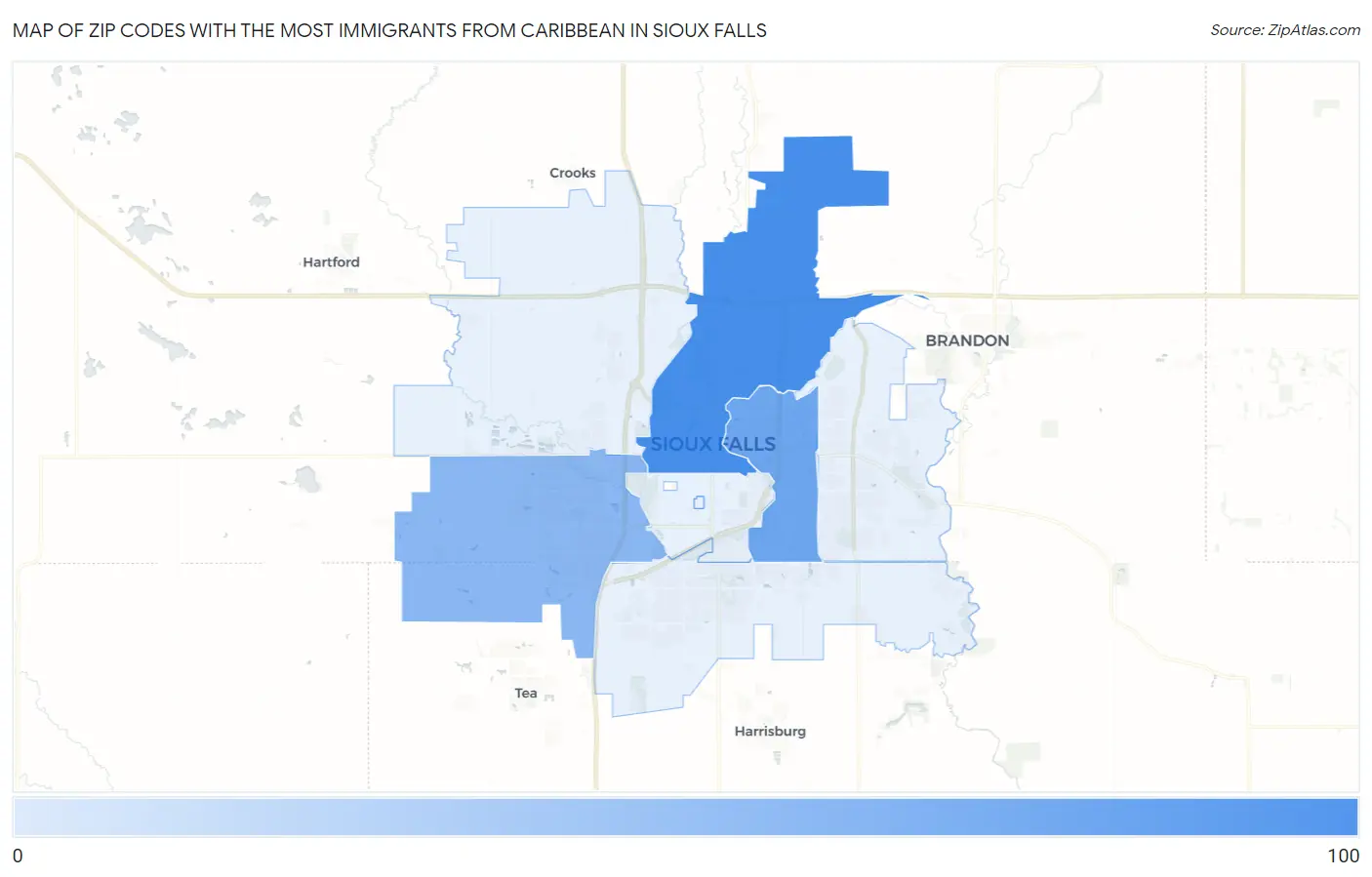 Zip Codes with the Most Immigrants from Caribbean in Sioux Falls Map