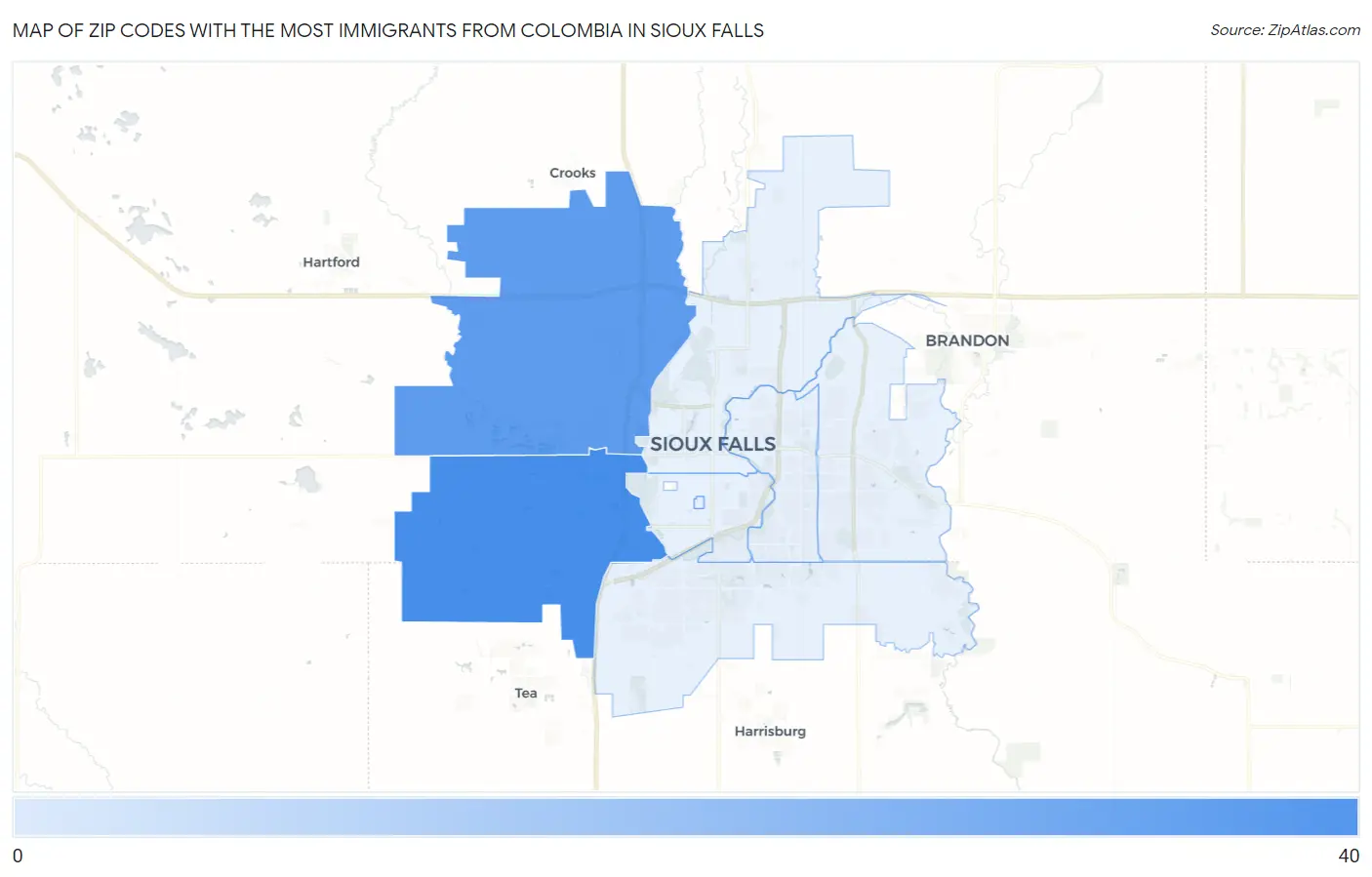 Zip Codes with the Most Immigrants from Colombia in Sioux Falls Map