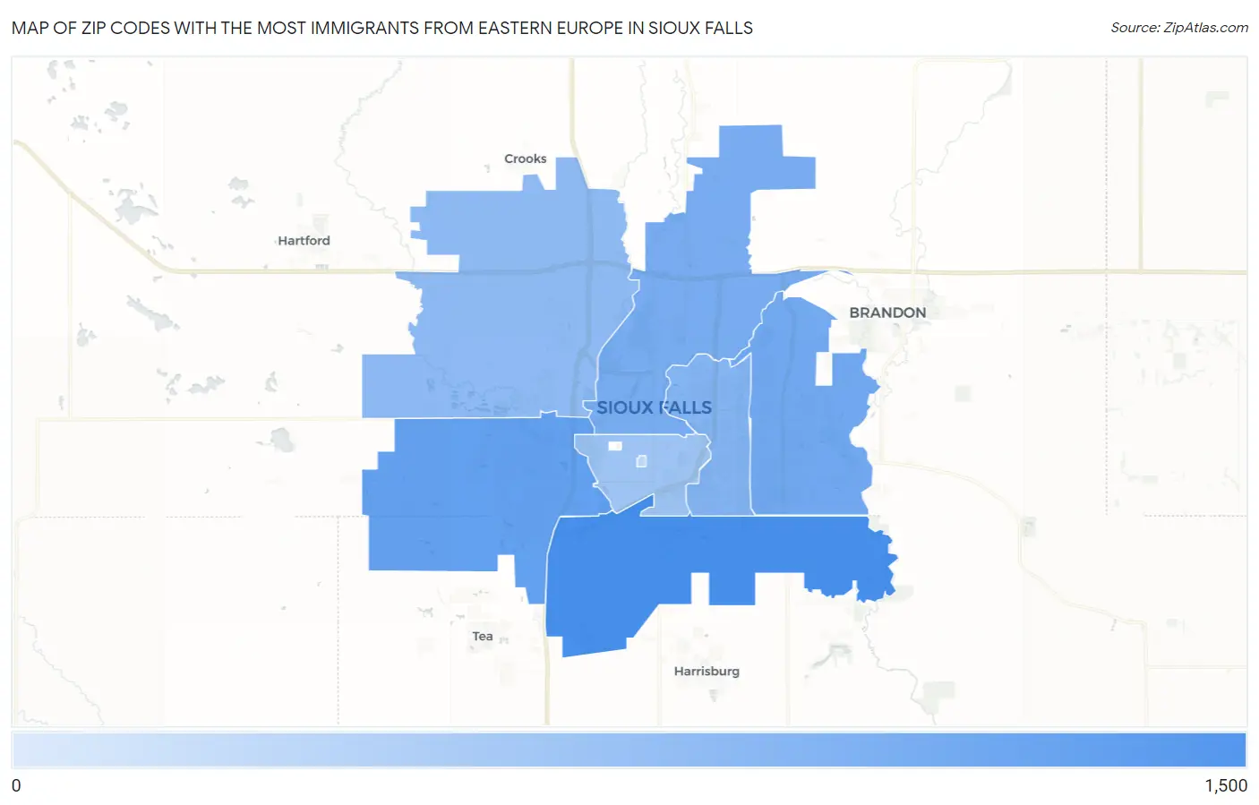 Zip Codes with the Most Immigrants from Eastern Europe in Sioux Falls Map