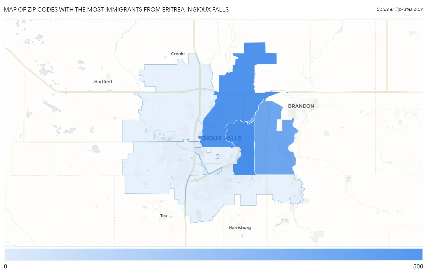 Zip Codes with the Most Immigrants from Eritrea in Sioux Falls Map