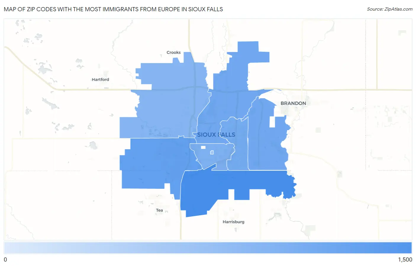 Zip Codes with the Most Immigrants from Europe in Sioux Falls Map