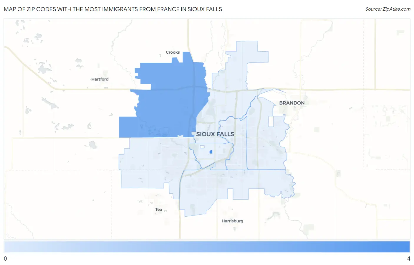 Zip Codes with the Most Immigrants from France in Sioux Falls Map