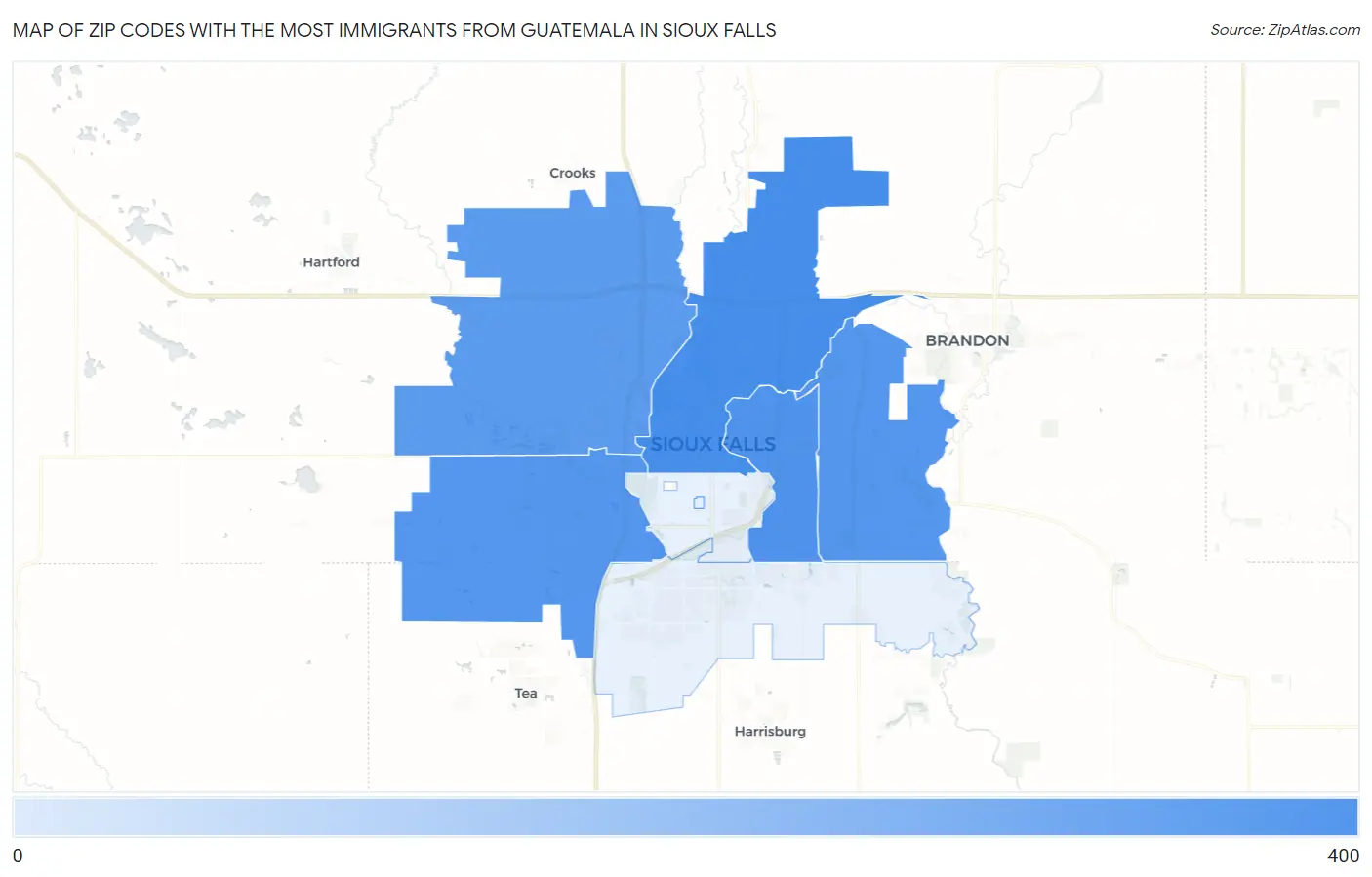 Zip Codes with the Most Immigrants from Guatemala in Sioux Falls Map