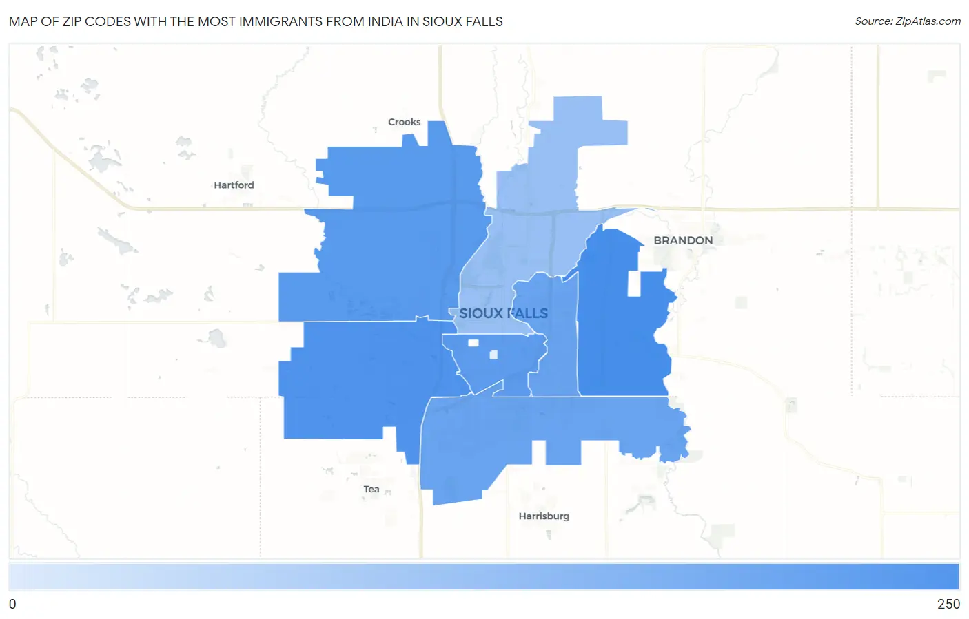 Zip Codes with the Most Immigrants from India in Sioux Falls Map