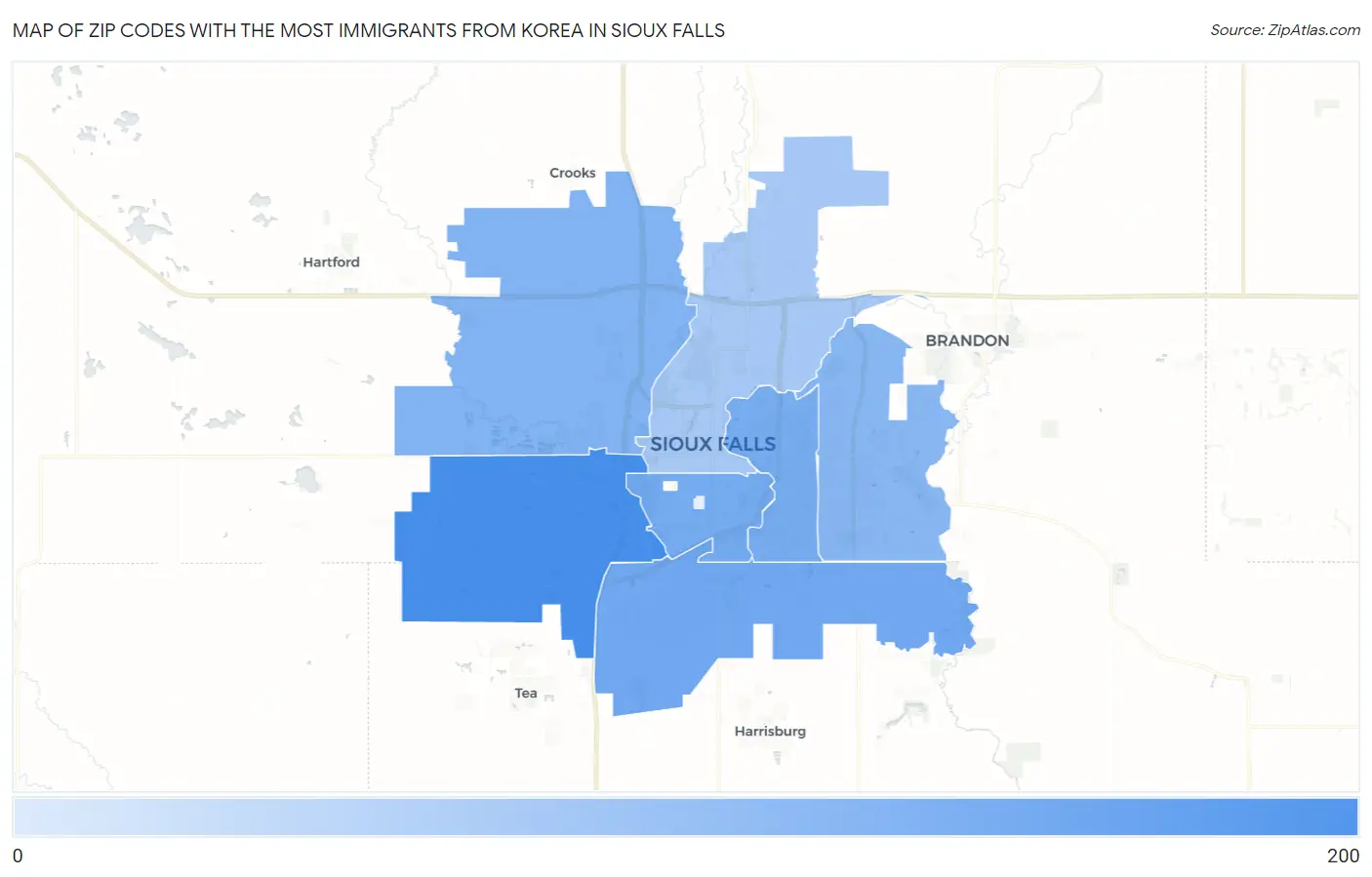 Zip Codes with the Most Immigrants from Korea in Sioux Falls Map