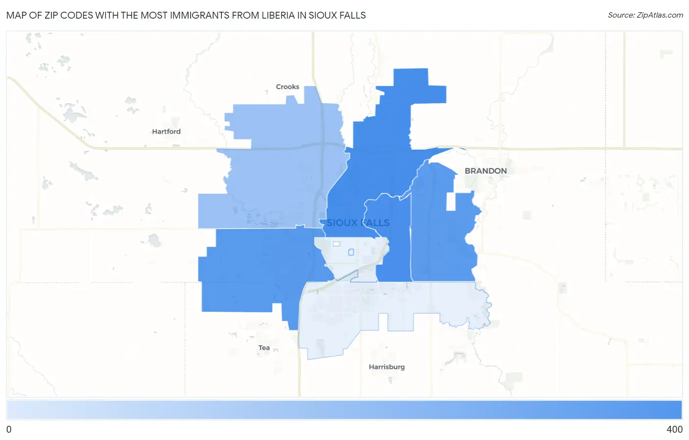 Zip Codes with the Most Immigrants from Liberia in Sioux Falls Map