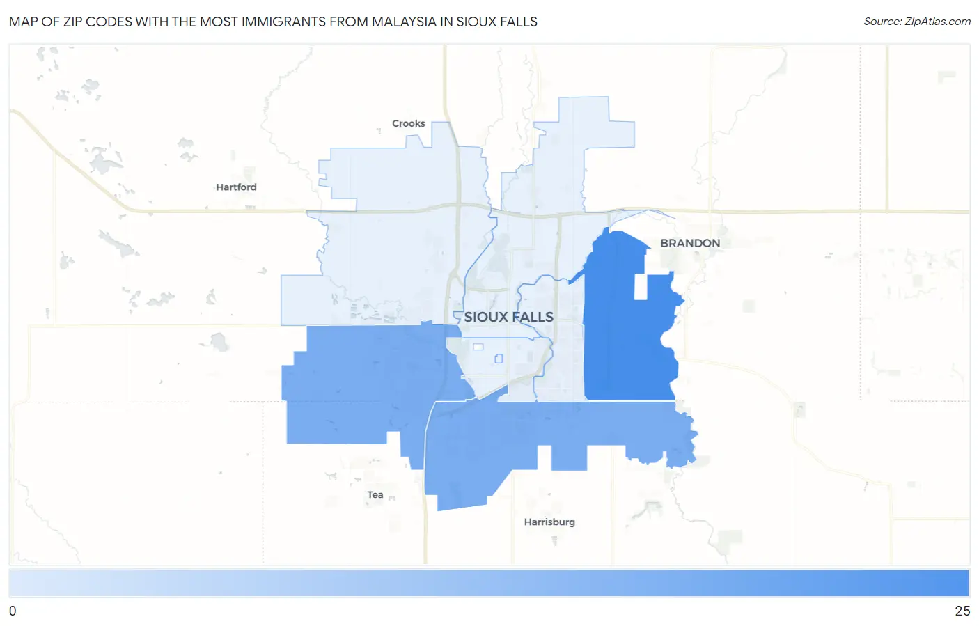 Zip Codes with the Most Immigrants from Malaysia in Sioux Falls Map