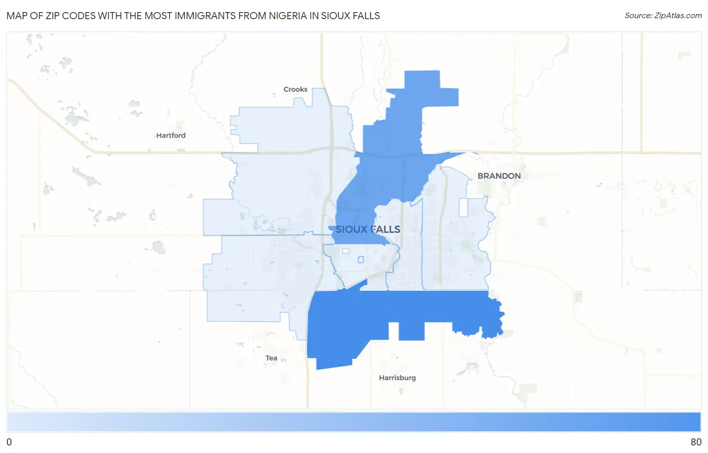 Zip Codes with the Most Immigrants from Nigeria in Sioux Falls Map