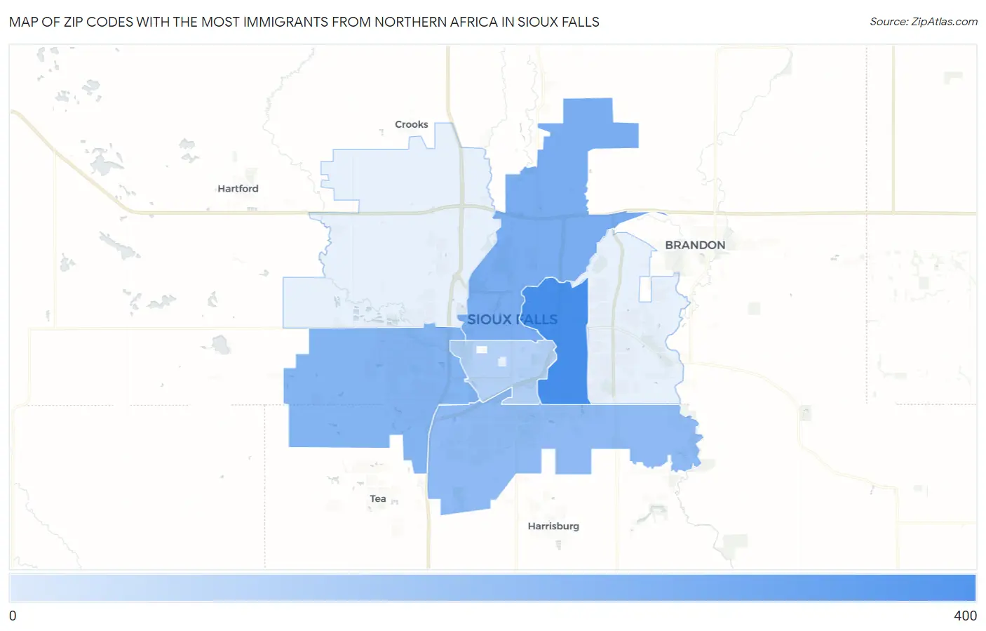 Zip Codes with the Most Immigrants from Northern Africa in Sioux Falls Map