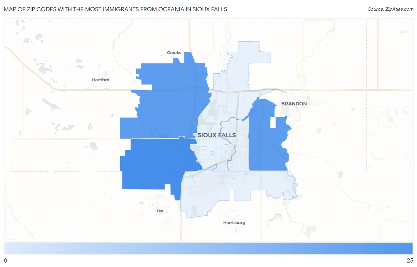 Zip Codes with the Most Immigrants from Oceania in Sioux Falls Map