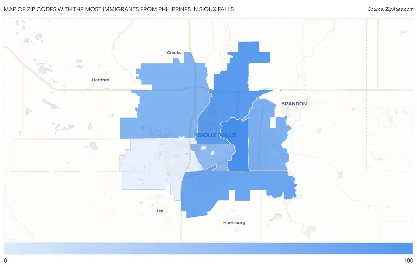 Zip Codes with the Most Immigrants from Philippines in Sioux Falls Map