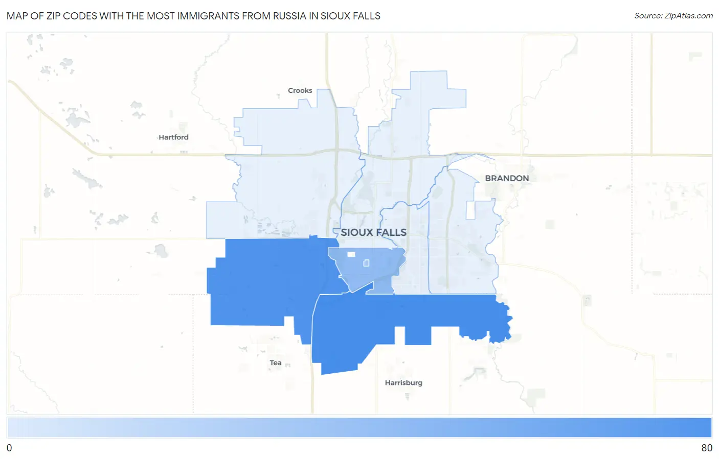 Zip Codes with the Most Immigrants from Russia in Sioux Falls Map