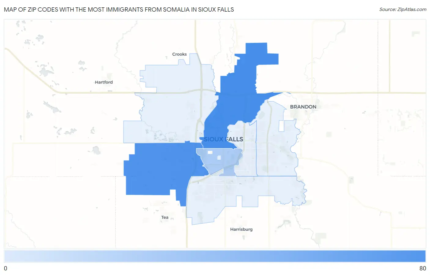 Zip Codes with the Most Immigrants from Somalia in Sioux Falls Map