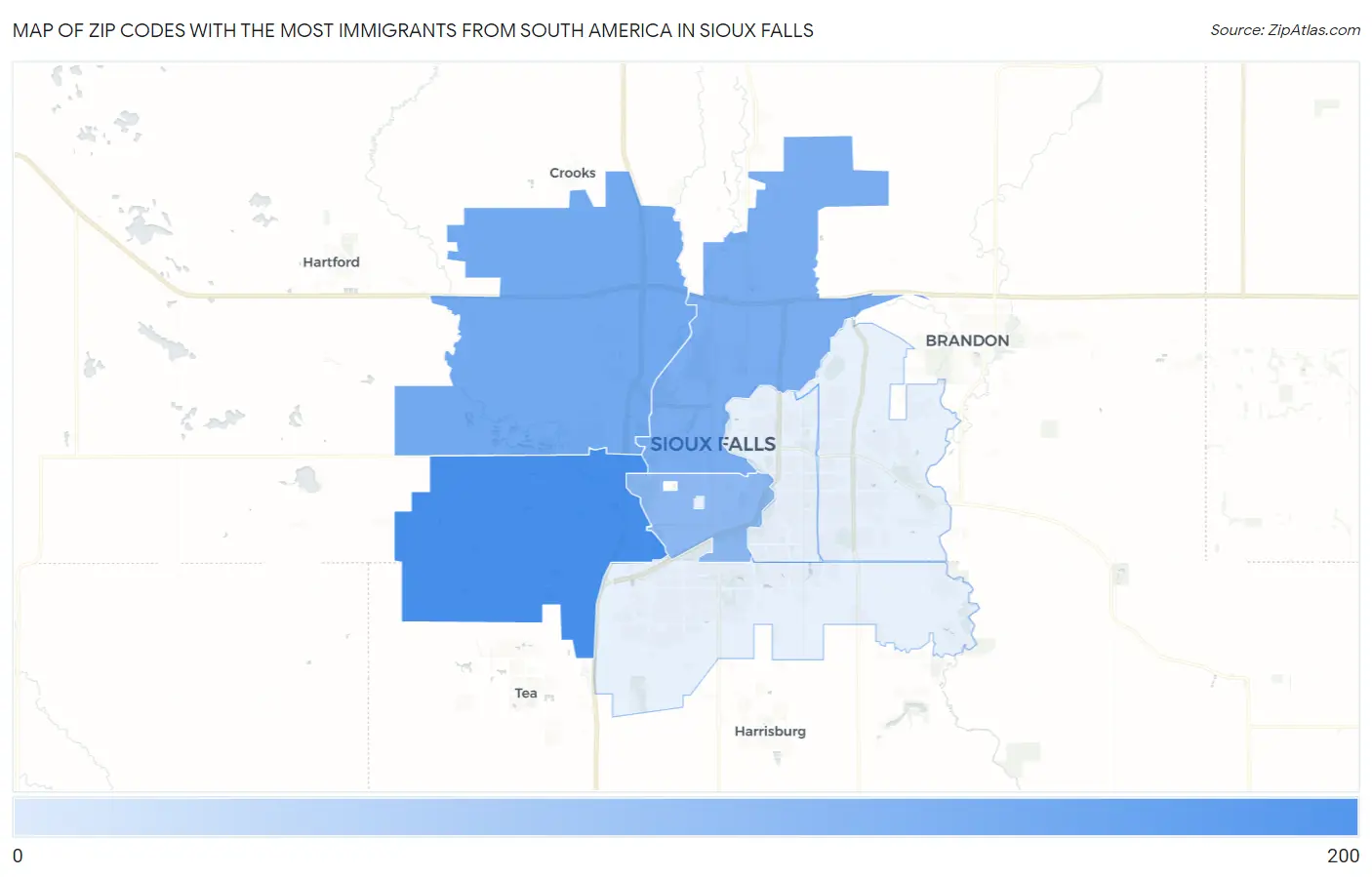 Zip Codes with the Most Immigrants from South America in Sioux Falls Map