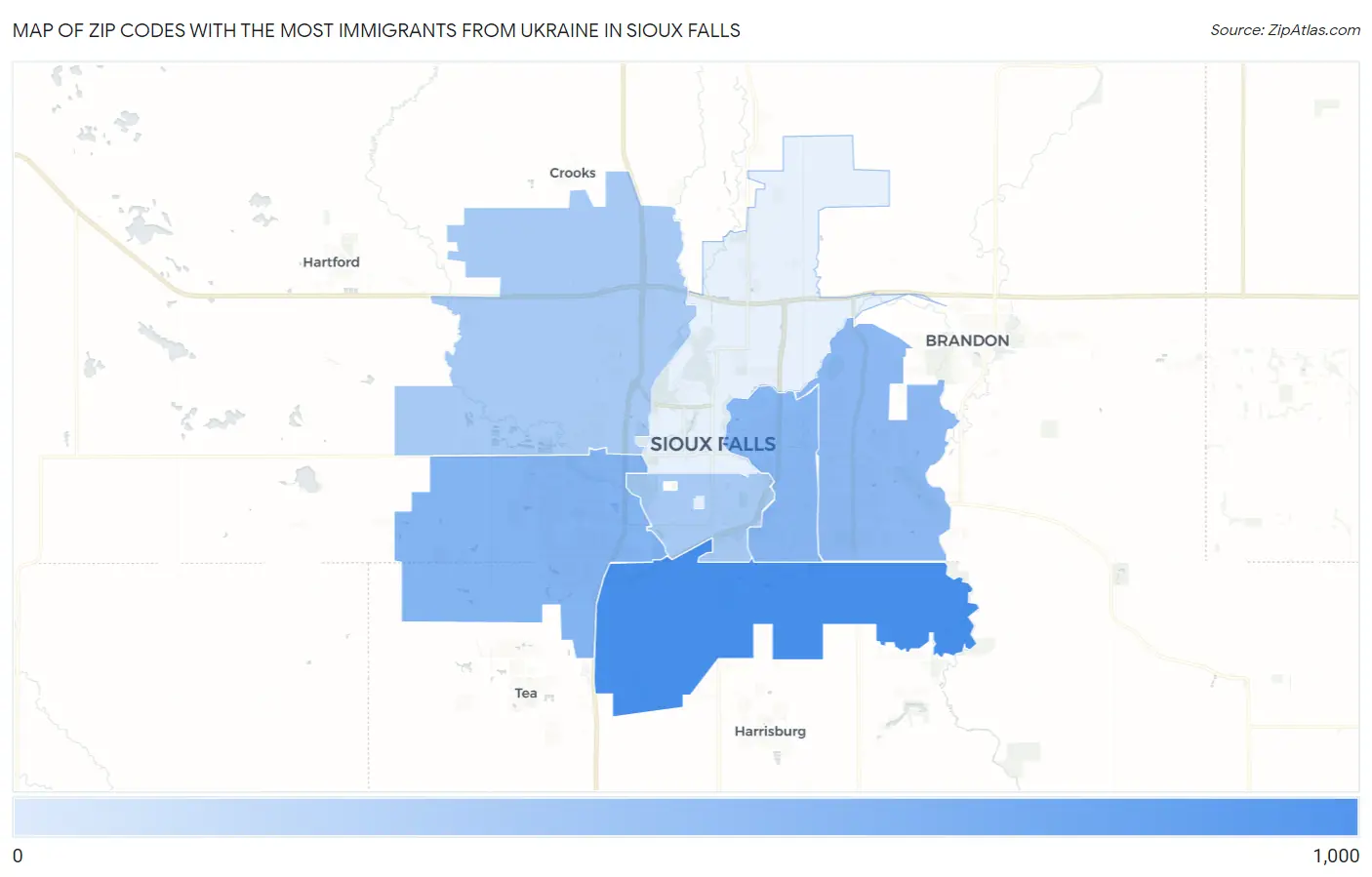 Zip Codes with the Most Immigrants from Ukraine in Sioux Falls Map