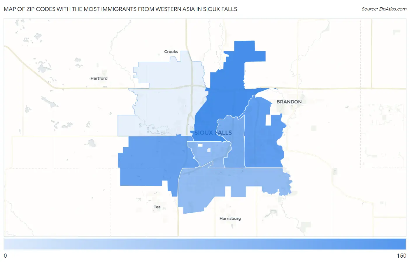 Zip Codes with the Most Immigrants from Western Asia in Sioux Falls Map