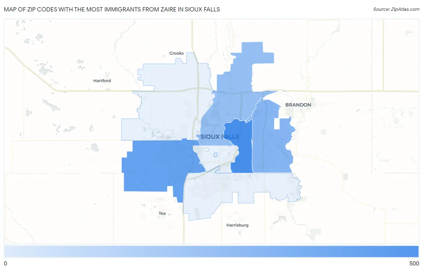 Zip Codes with the Most Immigrants from Zaire in Sioux Falls Map