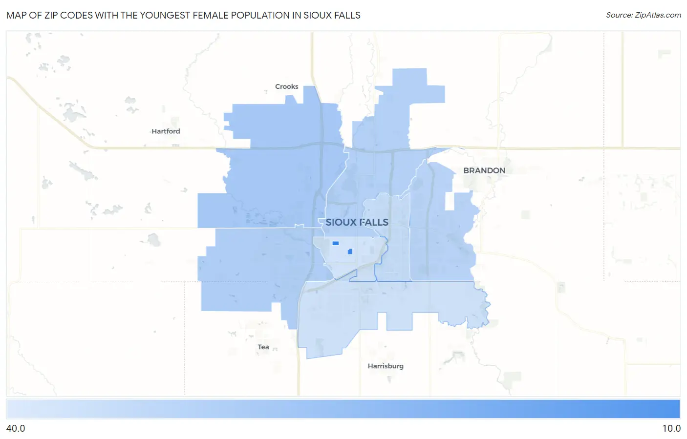 Zip Codes with the Youngest Female Population in Sioux Falls Map