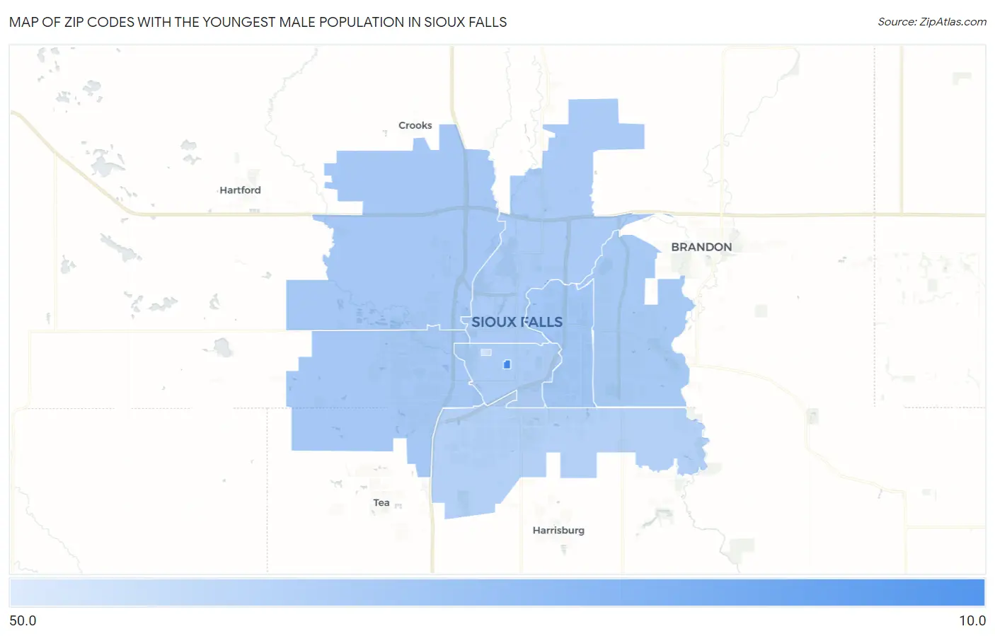 Zip Codes with the Youngest Male Population in Sioux Falls Map