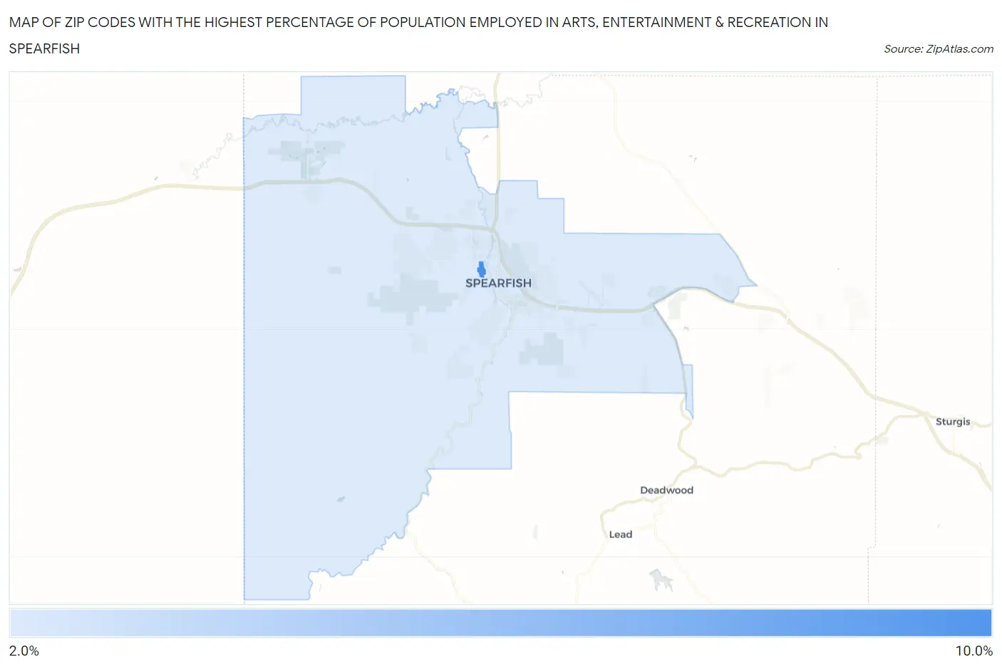 Zip Codes with the Highest Percentage of Population Employed in Arts, Entertainment & Recreation in Spearfish Map