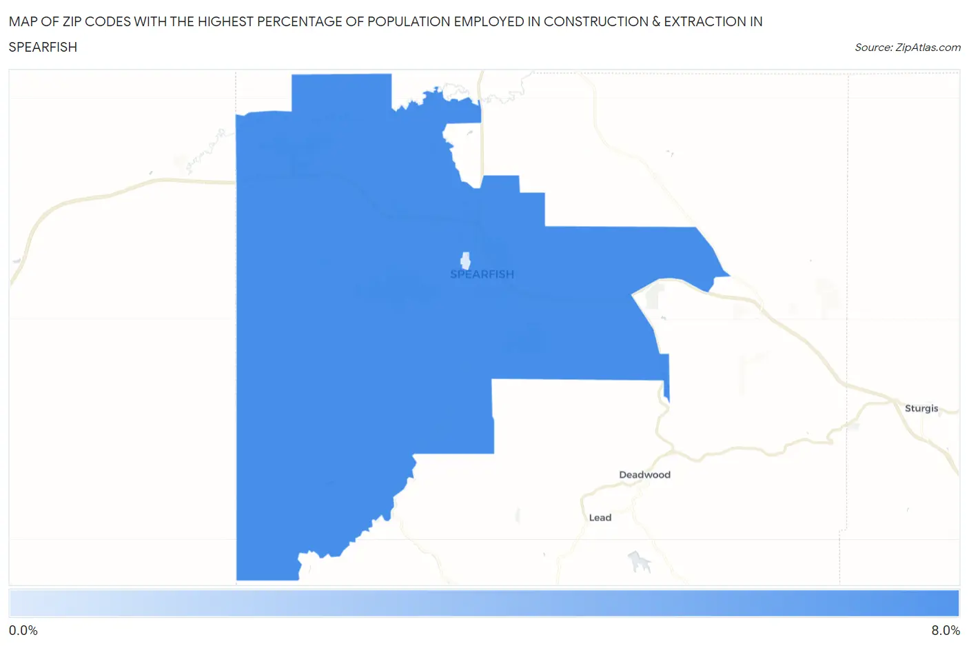 Zip Codes with the Highest Percentage of Population Employed in Construction & Extraction in Spearfish Map