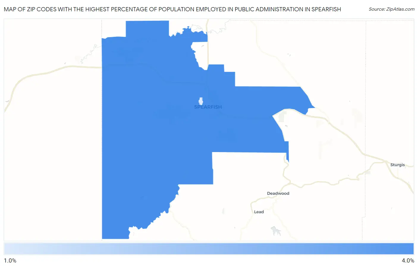 Zip Codes with the Highest Percentage of Population Employed in Public Administration in Spearfish Map