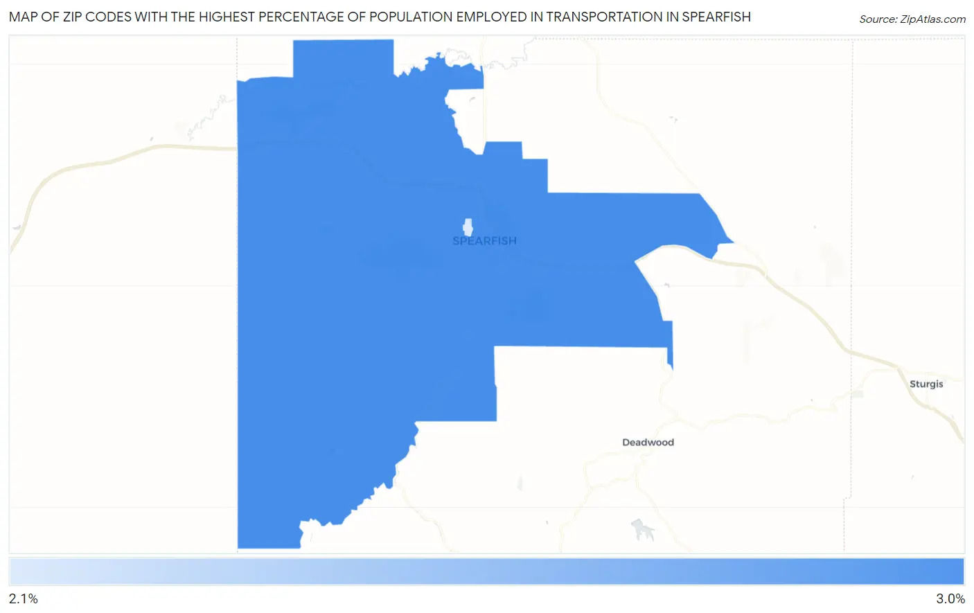 Zip Codes with the Highest Percentage of Population Employed in Transportation in Spearfish Map