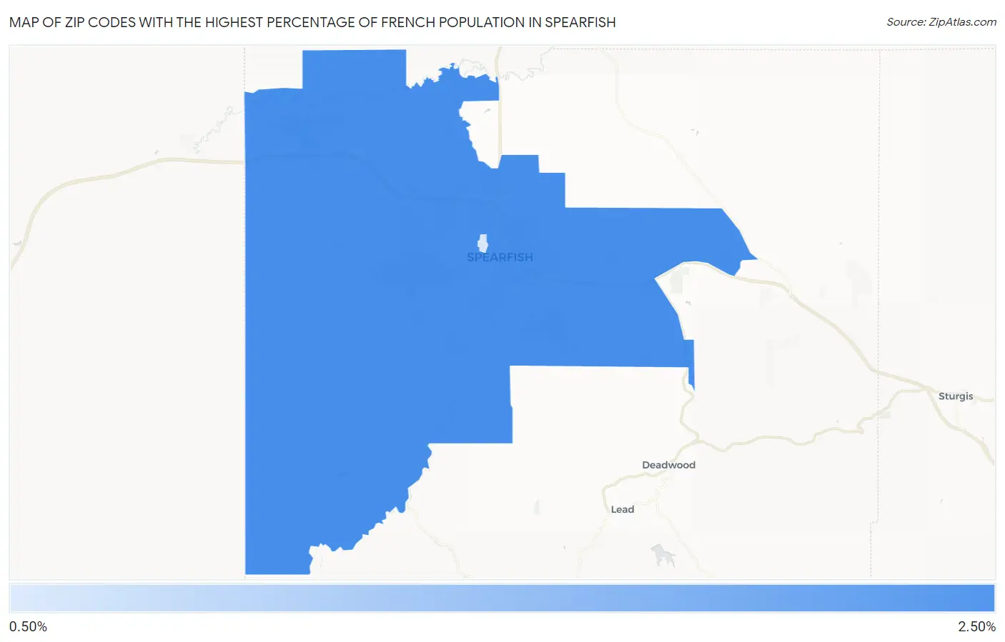 Zip Codes with the Highest Percentage of French Population in Spearfish Map
