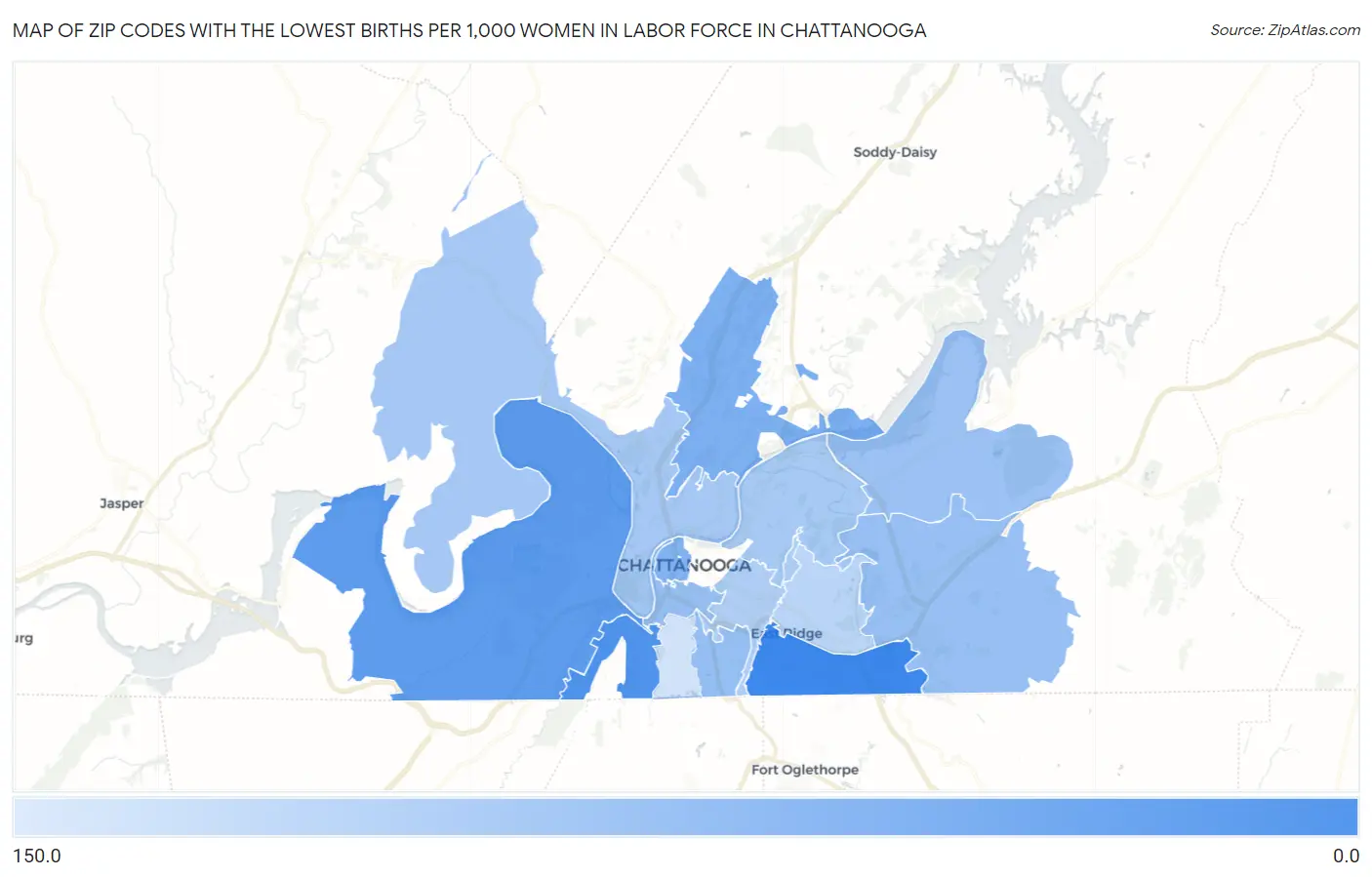 Zip Codes with the Lowest Births per 1,000 Women in Labor Force in Chattanooga Map