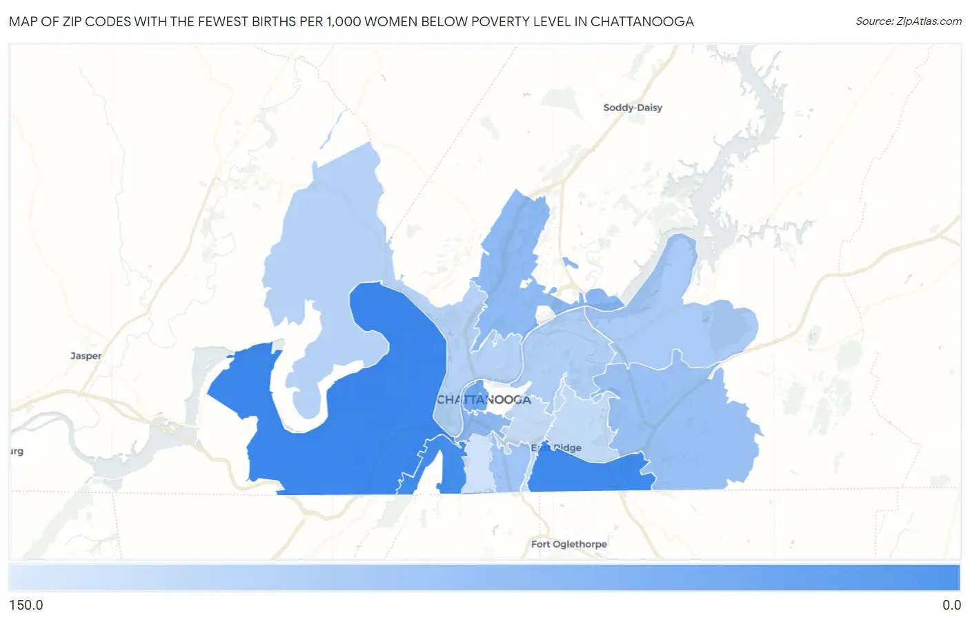 Zip Codes with the Fewest Births per 1,000 Women Below Poverty Level in Chattanooga Map