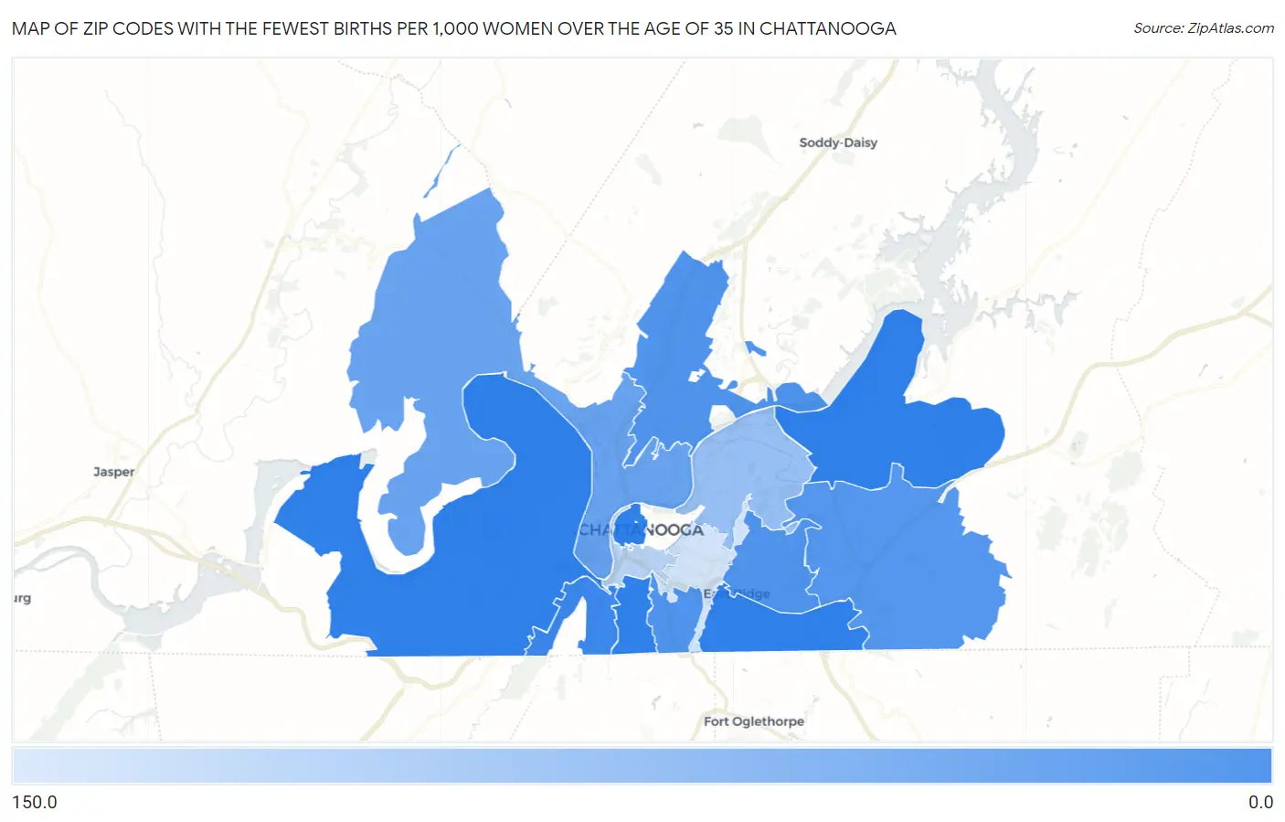 Zip Codes with the Fewest Births per 1,000 Women Over the Age of 35 in Chattanooga Map