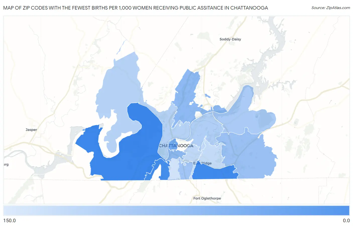 Zip Codes with the Fewest Births per 1,000 Women Receiving Public Assitance in Chattanooga Map