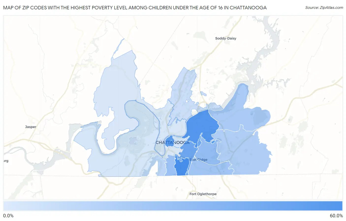 Zip Codes with the Highest Poverty Level Among Children Under the Age of 16 in Chattanooga Map