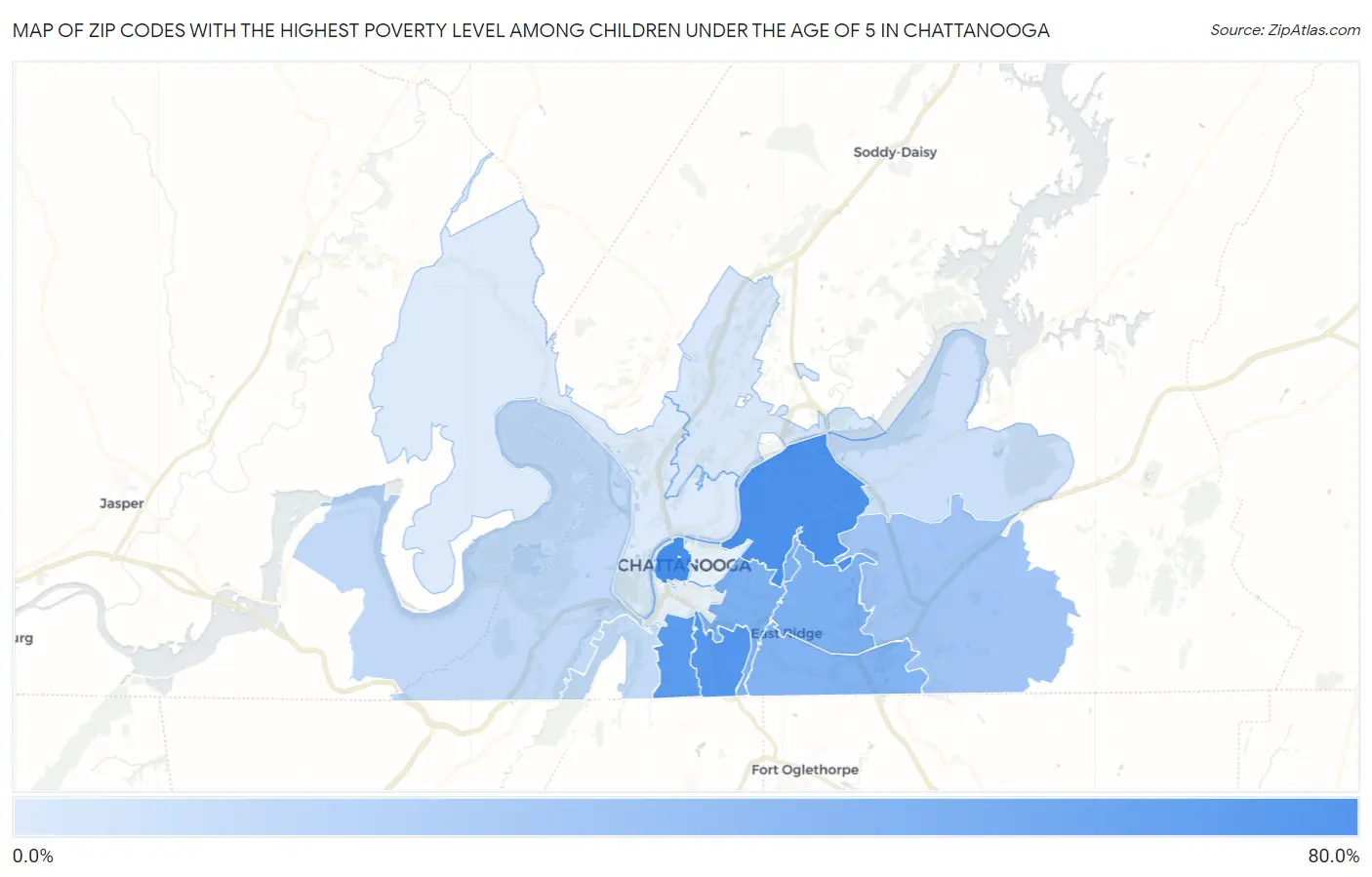 Zip Codes with the Highest Poverty Level Among Children Under the Age of 5 in Chattanooga Map