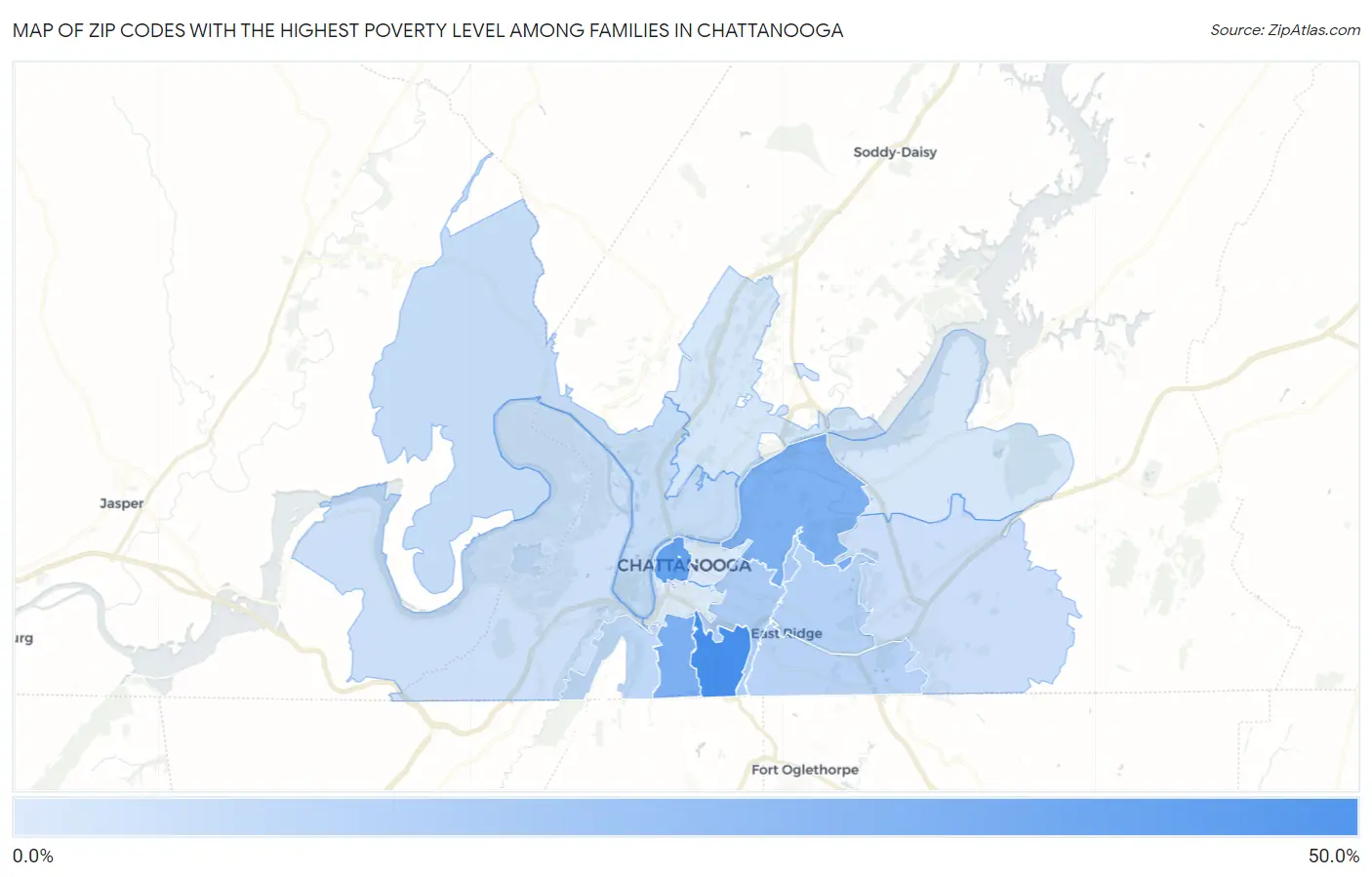 Zip Codes with the Highest Poverty Level Among Families in Chattanooga Map