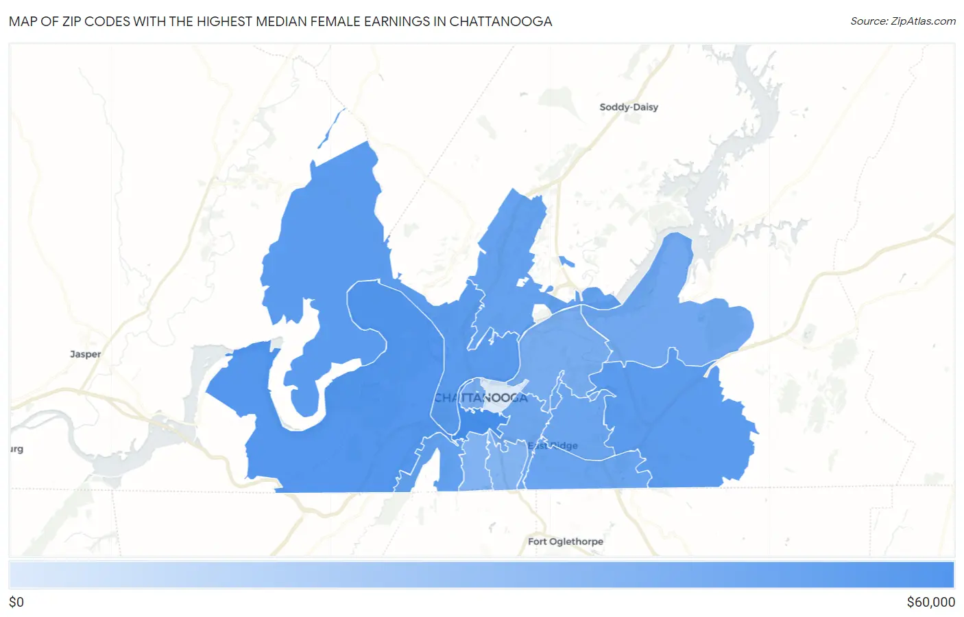 Zip Codes with the Highest Median Female Earnings in Chattanooga Map