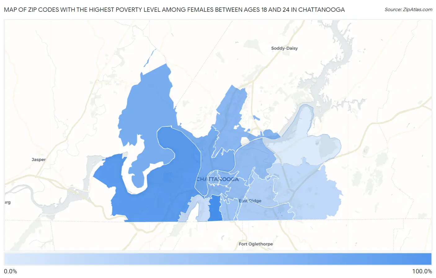 Zip Codes with the Highest Poverty Level Among Females Between Ages 18 and 24 in Chattanooga Map