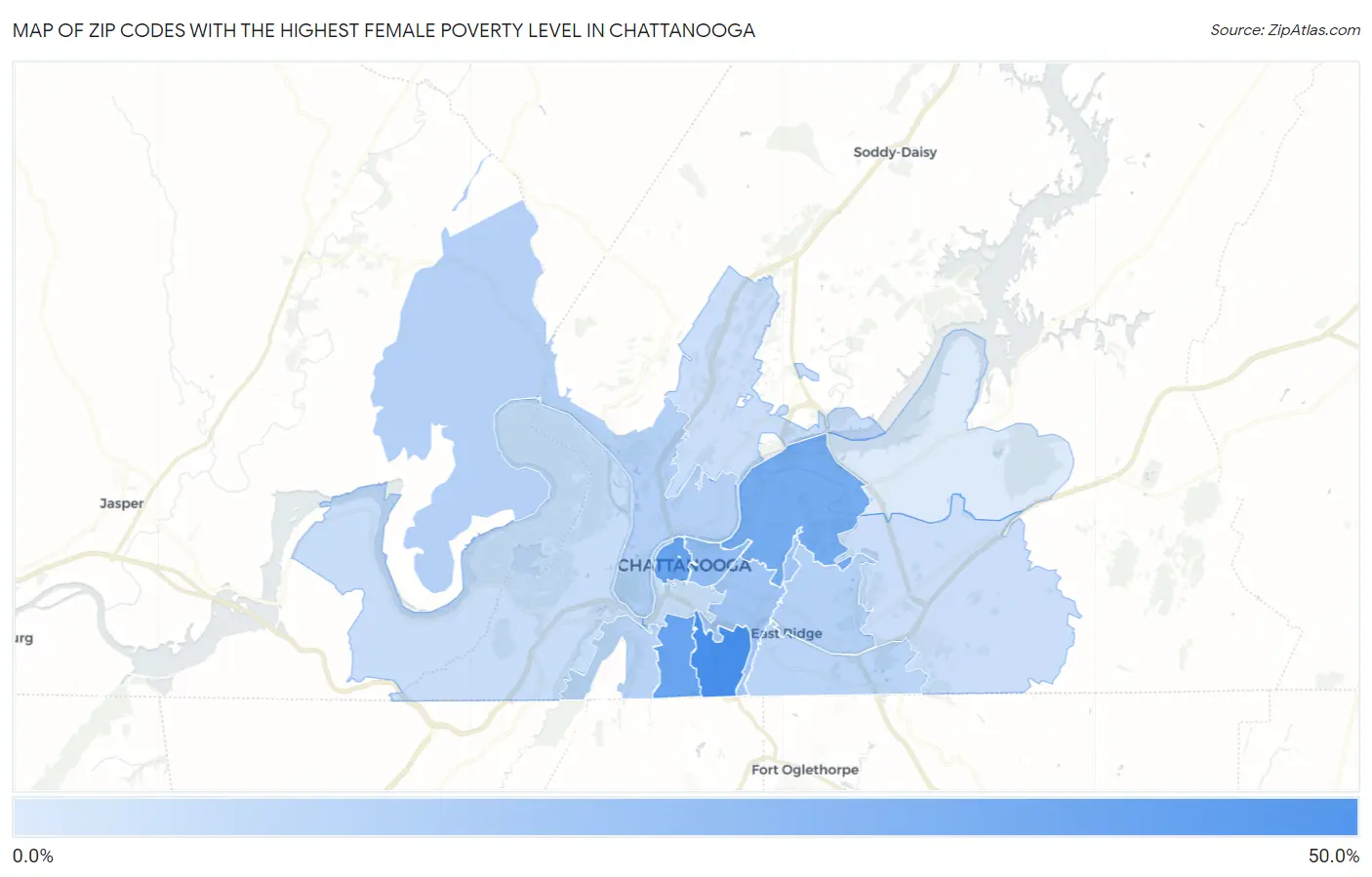 Zip Codes with the Highest Female Poverty Level in Chattanooga Map