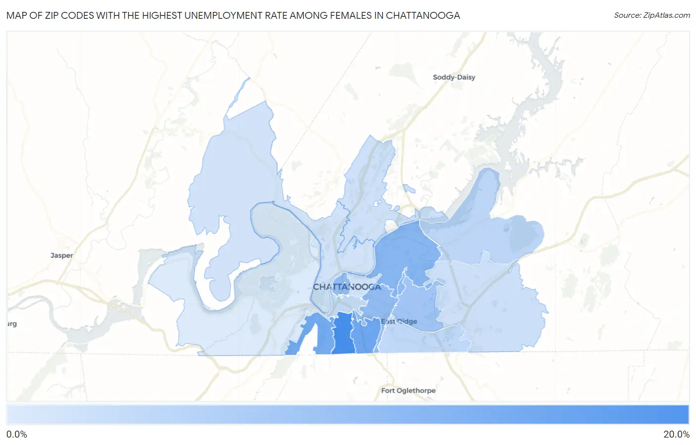 Zip Codes with the Highest Unemployment Rate Among Females in Chattanooga Map