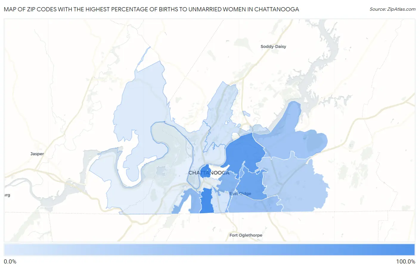 Zip Codes with the Highest Percentage of Births to Unmarried Women in Chattanooga Map