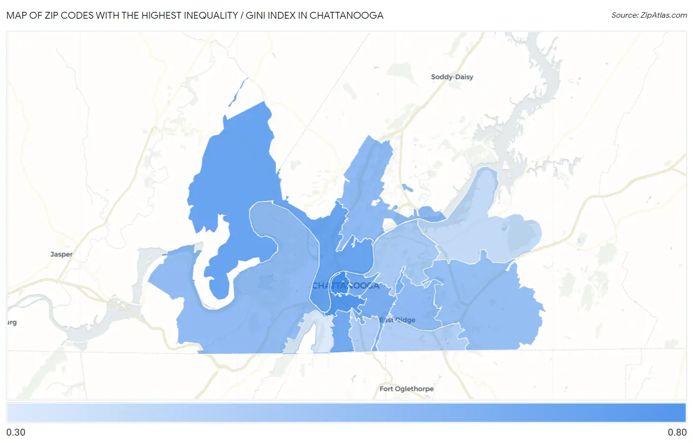 Zip Codes with the Highest Inequality / Gini Index in Chattanooga Map
