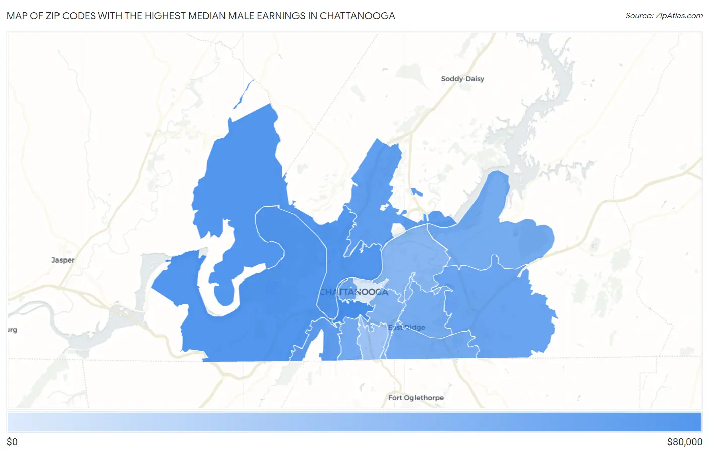 Zip Codes with the Highest Median Male Earnings in Chattanooga Map