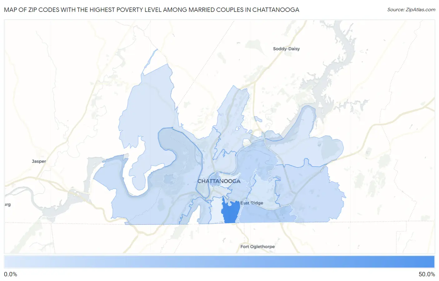 Zip Codes with the Highest Poverty Level Among Married Couples in Chattanooga Map