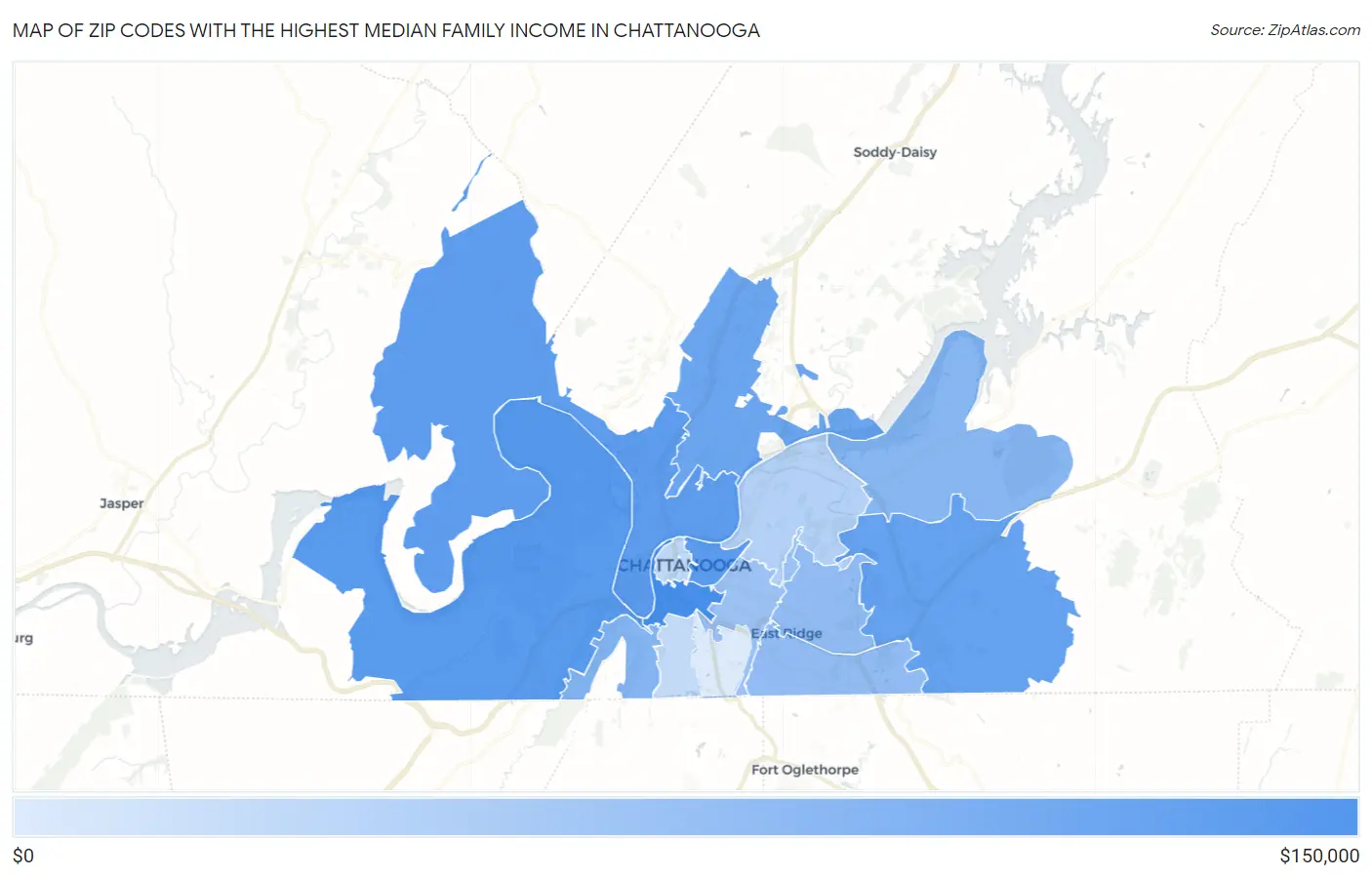 Zip Codes with the Highest Median Family Income in Chattanooga Map