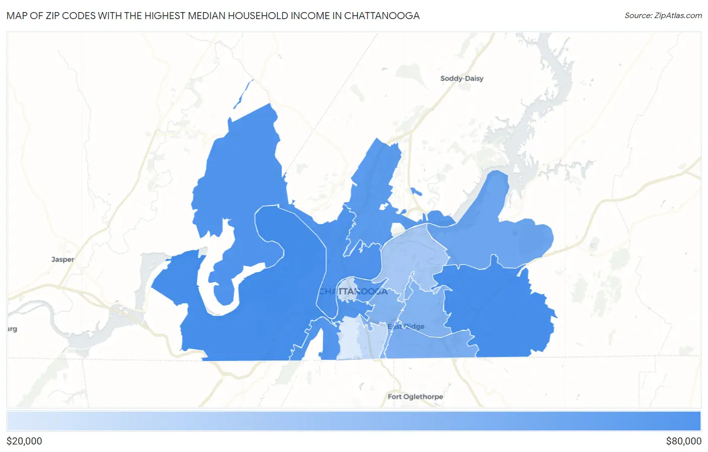 Zip Codes with the Highest Median Household Income in Chattanooga Map